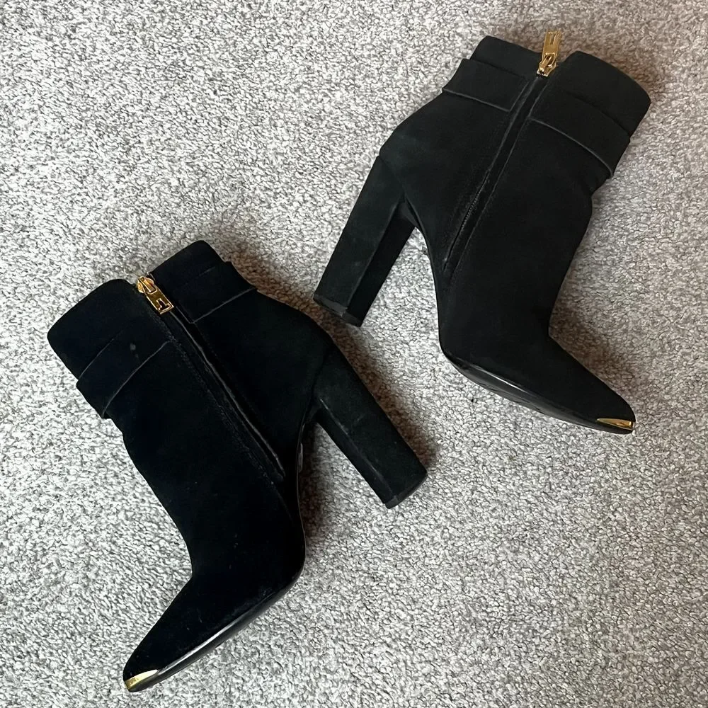 Ted‎ Baker Sailly Black Suede Bow Pointed Toe Block Heel Ankle Boots Womens US 7